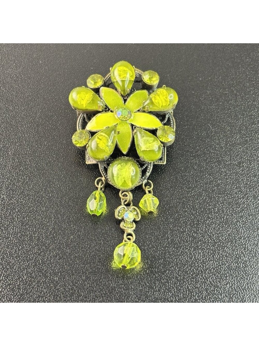 Vintage Floral Brooch Pin Green Stone Flower 3" Jewelry